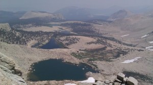 Looking down from Army Pass onto Cottonwood Lakes while Smoke from Fires Obscures View