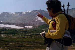 Brenda Avadian pointing to the ridge line - New Army Pass